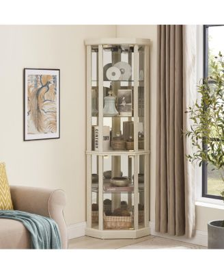 Corner Lighted Curio Cabinet with Glass Storage, Antique White