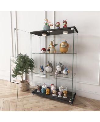 Modern LED Glass Display Cabinet, 2-door 3-shelf, Transparent+Black