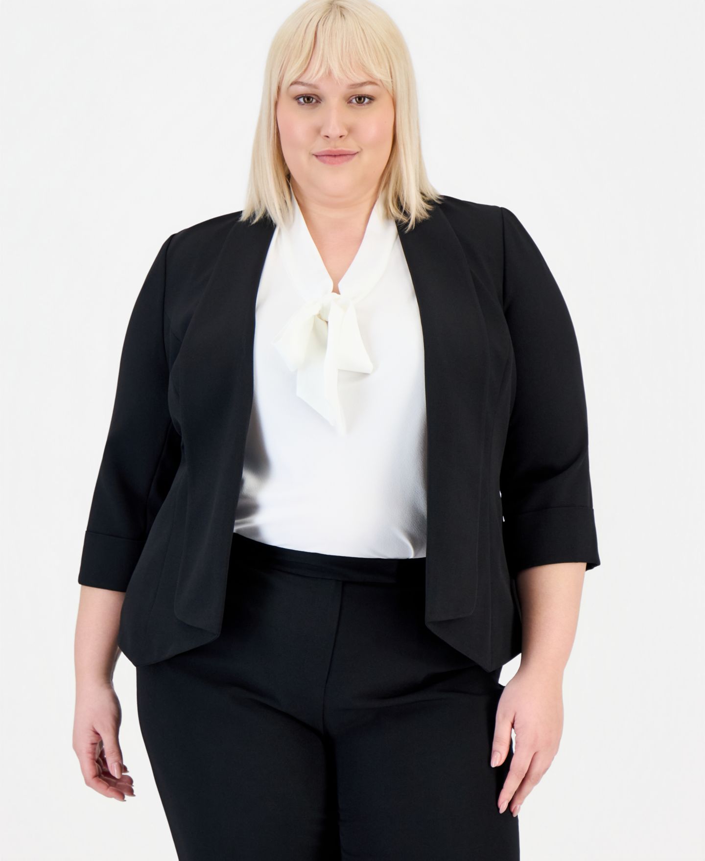 Женский пиджак Kasper Plus-Size 3/4 Sleeve Stretch Crepe Draped Open Front Blazer, цвет: Чёрный — фото 1