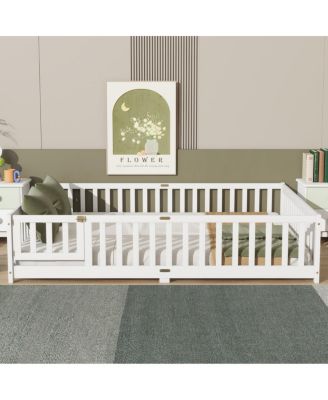 Queen Size Floor Bed with Fence, Door, and Safety Guardrails
