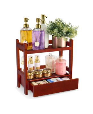 2-Tier Bamboo Counter Organizer with Drawer Bamboo for Vanity, Matcha Station, Bathroom Sink Organizer Countertop, Kitchen & Office Storage