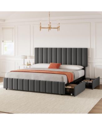 Upholstered Platform Bed Frame with 4 Drawers, Button Tufted Headboard/Footboard, Sturdy Metal Support, No Box Spring Required - King