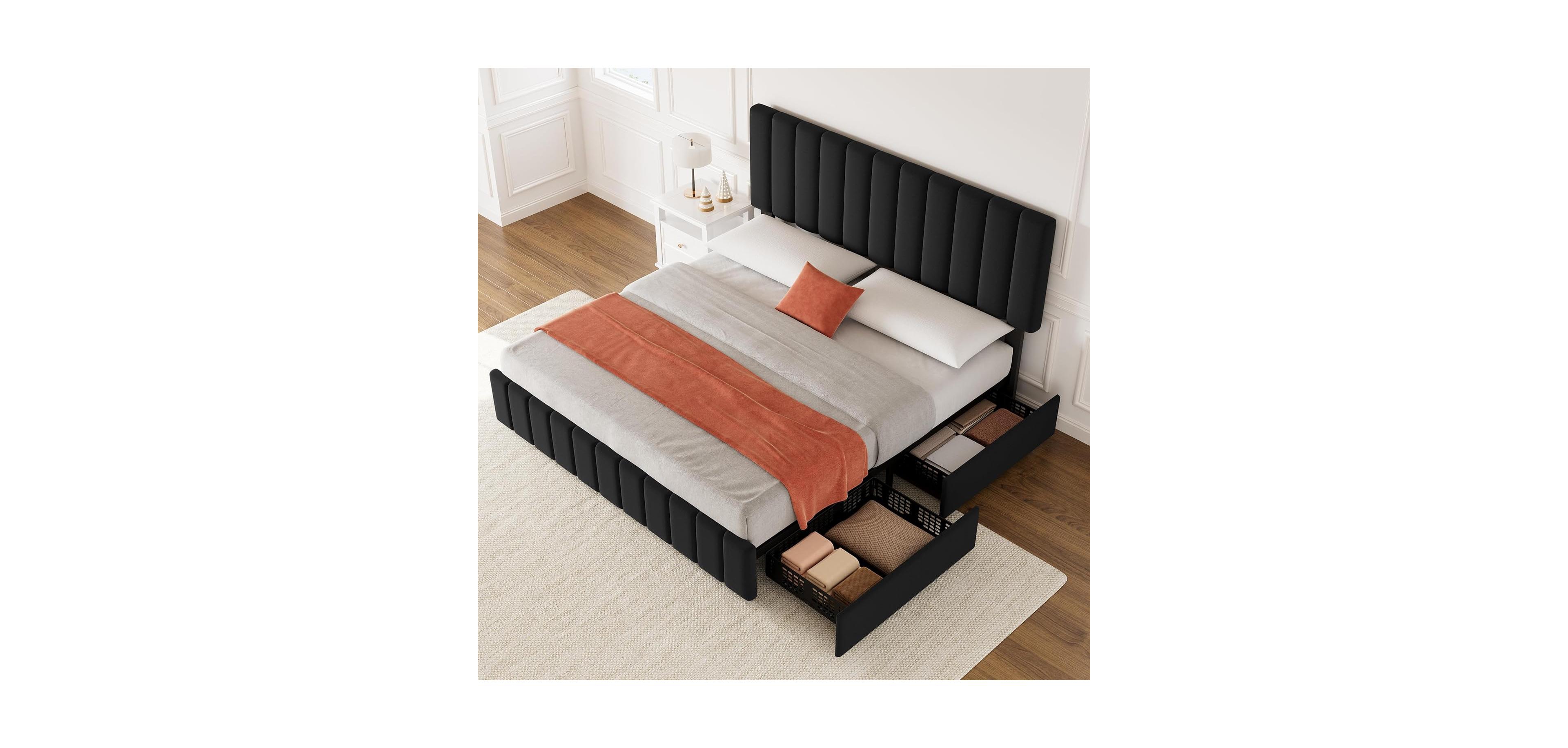 gaomon Upholstered Platform Bed Frame with 4 Drawers, Button Tufted Headboard/Footboard, Sturdy Metal Support, No Box Spring Required