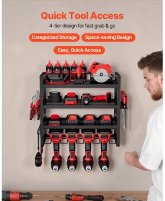 Wall-Mount Power Tool Organizer, 4-Tier Storage Rack with 4 Drill Holders, Screwdriver Holder, Garage Tool Storage Rack