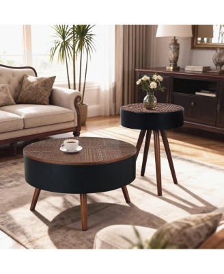 31.5" Round Coffee Table with Storage & Engraved Top