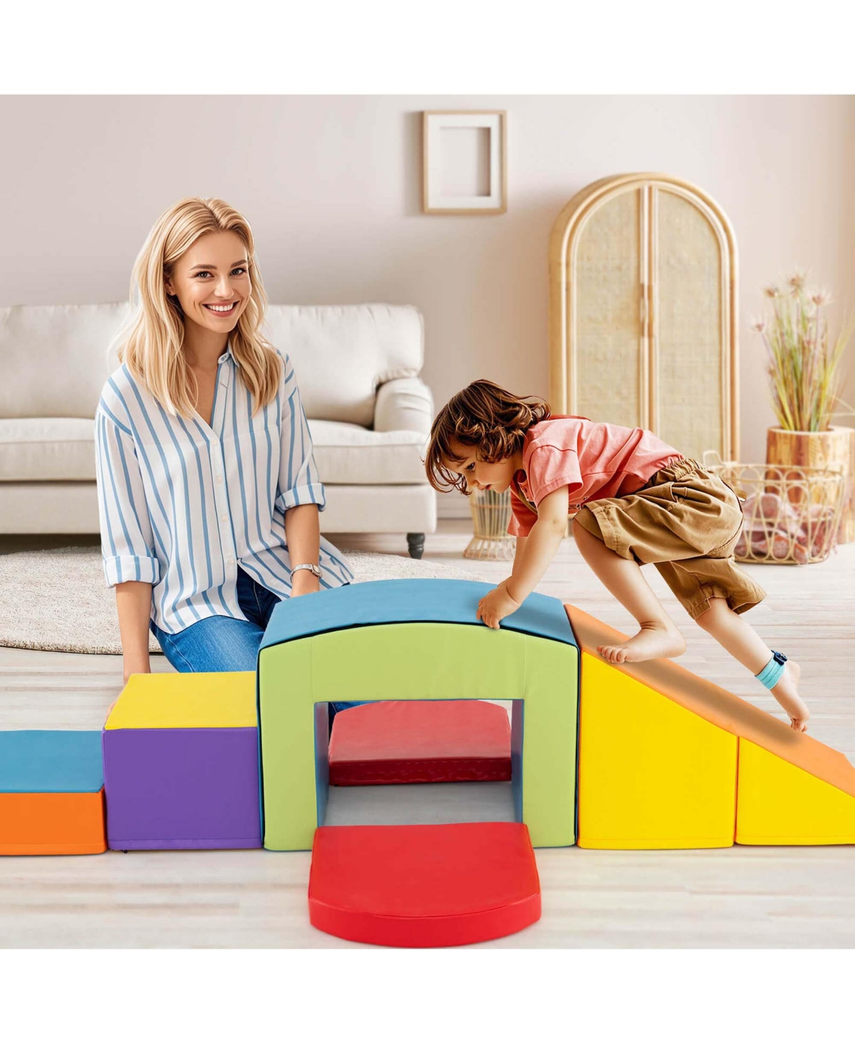 Costway 6 Pcs Multi-color Climb and Crawl Activity Playset with Tunnel Slide Stairs & Ramp