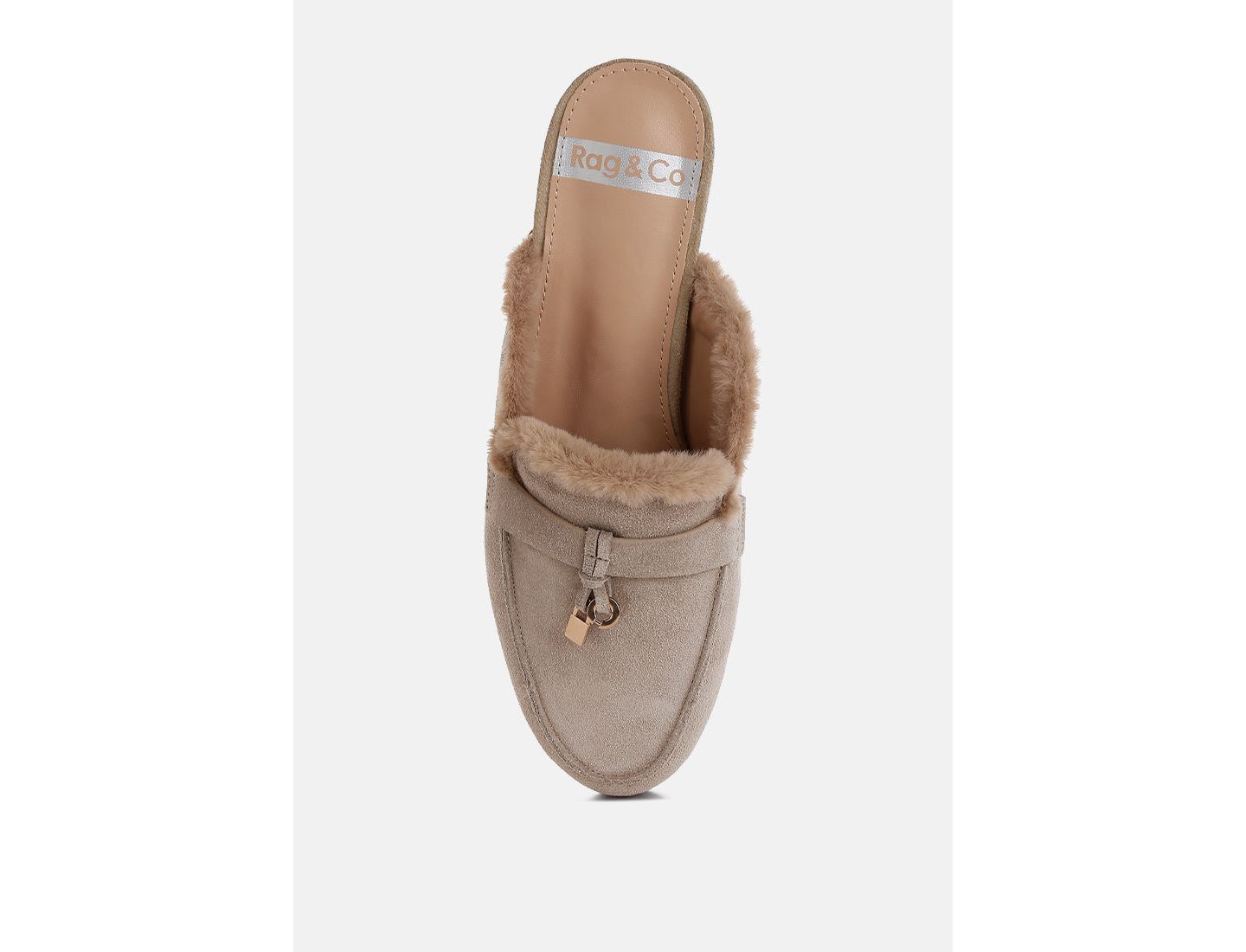 Женские сабо Rag & Co Bosnia Suede and Faux Fur Slip On Mules, цвет: Бежевый замшевый кожаный — фото 5