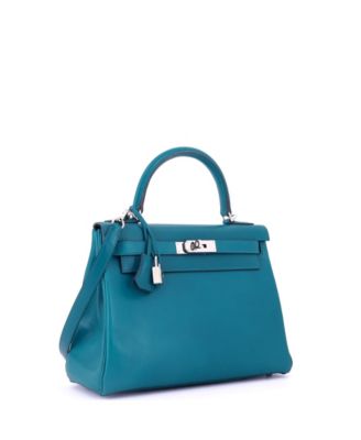 Kelly 28 Handbag Blue Tadelakt with Palladium Hardware