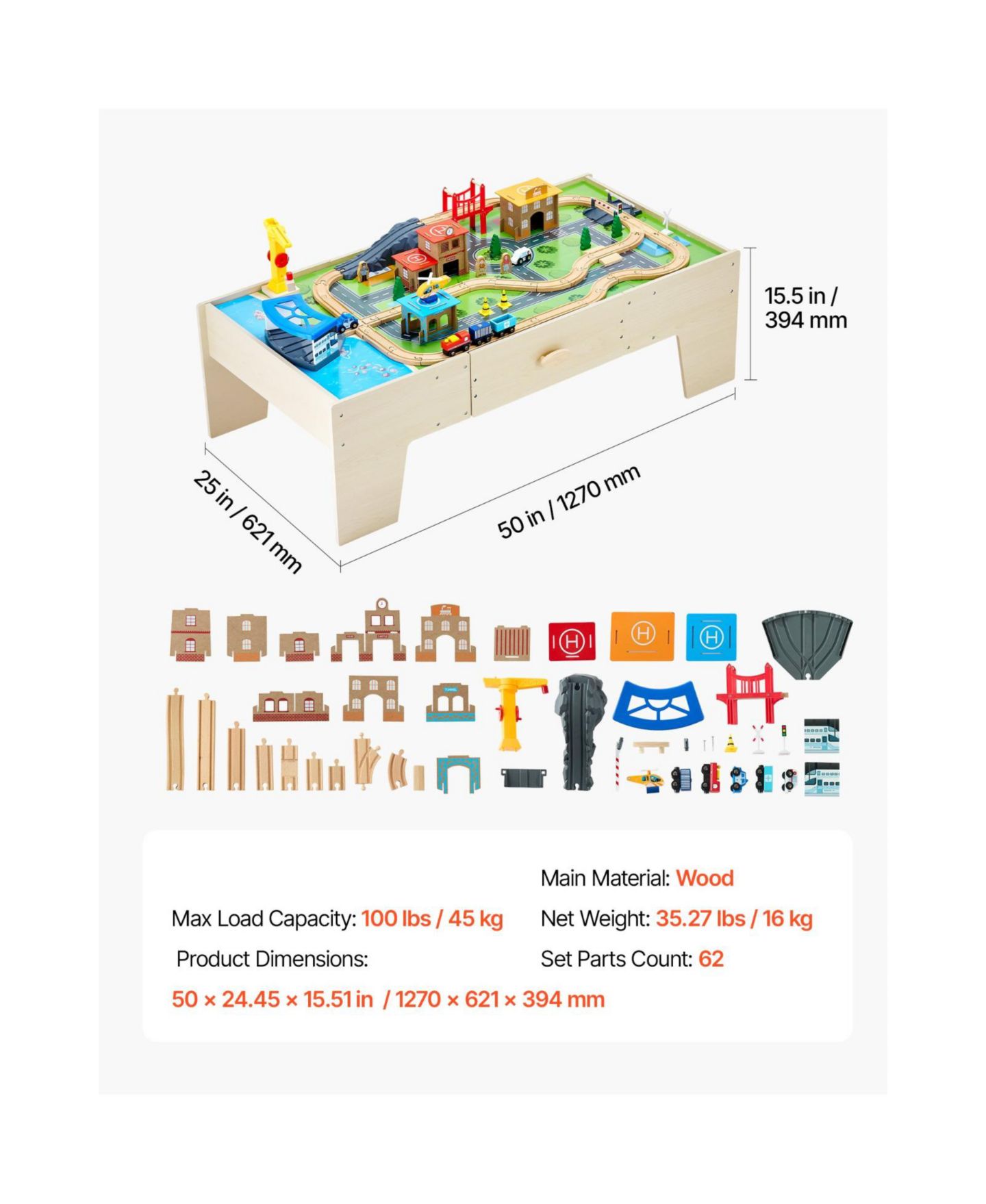 Детские конструкторы Slickblue Train 62-Piece Wooden Activity Table with Storage Drawer, Ages 2-5 Years, цвет: Натуральный — фото 3