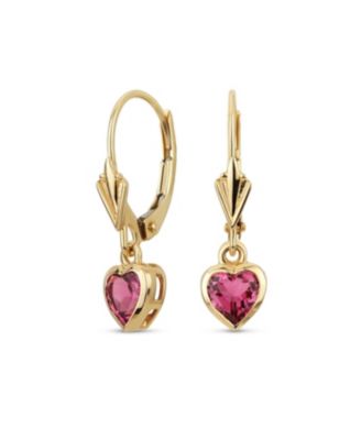 Petite 14K Yellow Gold Bezel Set Ruby Red Tourmaline Heart Dangle Earrings Lever-Back