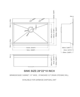 28x22x10inch Drop In Kitchen Sink Stainless Steel Workstation Single Bowl 16 Gauge Topmount