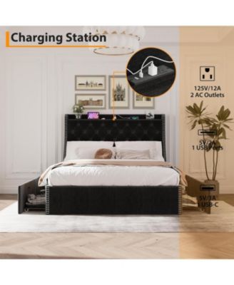 Wingback Headboard 4-Drawer Velvet Upholstered Platform Bed Frame with Charging Station