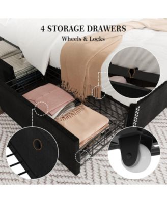 Wingback Headboard 4-Drawer Velvet Upholstered Platform Bed Frame with Charging Station