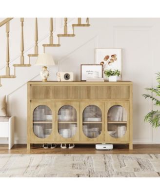 55" Large Sideboard Buffet Cabinet with Storage, 4 Glass Doors & Fluted Drawer Fronts, Beige/Khaki