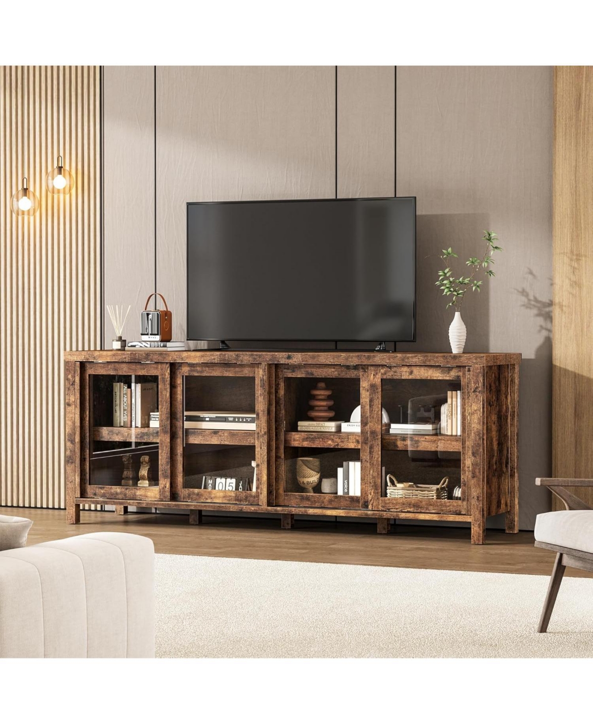 gaomon Tv Stand for 65 Inch Tv, Mid-Century Modern Entertainment Center with Sliding Glass Doors, Brown
