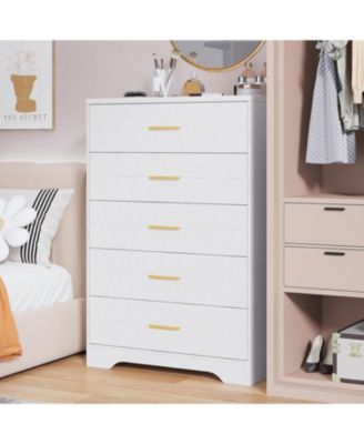 5-Drawer Tall Dresser for Bedroom, Wooden Chest of Drawers with Gold Handles for Closet Storage, White
