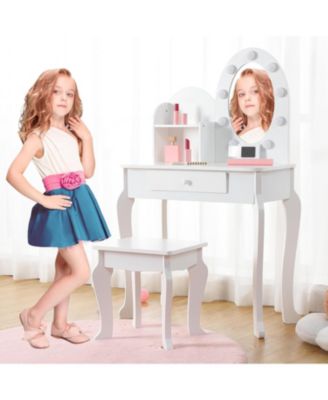 Kids Vanity Set with Light, Girls Vanity with Mirror, Stool and Drawer, White