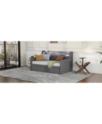 Daybed with Storage Drawers, Upholstered Daybed with Charging Station and LED Lights