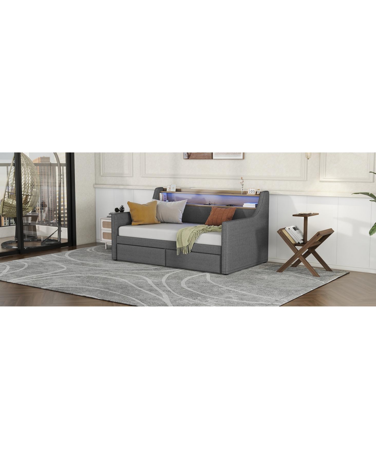 Streamdale Furniture Daybed with Storage Drawers, Upholstered Daybed with Charging Station and Led Lights