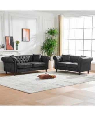 Chesterfield Tech Fabric Sofa Set 3+2 Seat Black