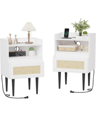 Nightstand Set of 2, Rattan End Table with Charging Station, 2 Open Shelves Beside Table with Drawer and Solid Legs, White