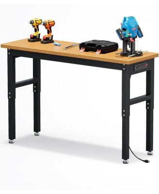 60 Inch Work Bench, 2200 LBS Capacity Solid Wood Top Garage Workbench, Adjust Height Work Table with Power Outlets & Sturdy Steel Frame