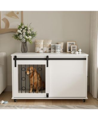  Dog Crate with Metal Bars and Lockable Wheels in White