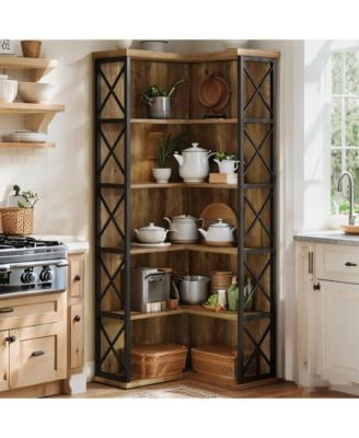 71 Inch Tall Corner Pantry, 5-Tier Industrial Corner Storage Shelf, Wood and Metal L-Shaped Kitchen Cabinet