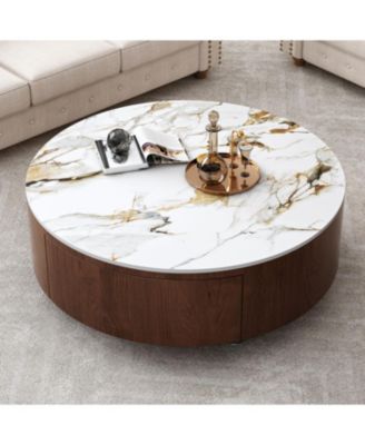 Round Wood Coffee Table with Faux Marble Tabletop