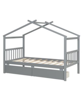 Twin Size Wooden House Bed with Drawers
