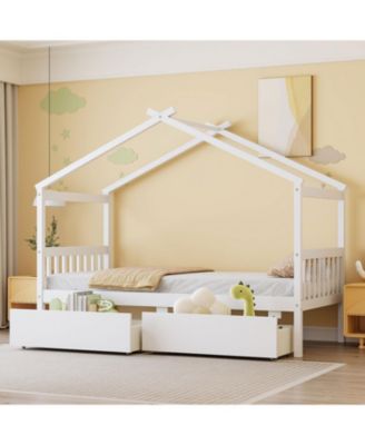 Twin Size Wooden House Bed with Drawers