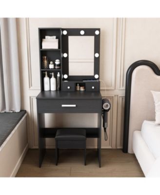 Vanity Table with LED Lights, Power, Hairdryer Holder & Stool - Black