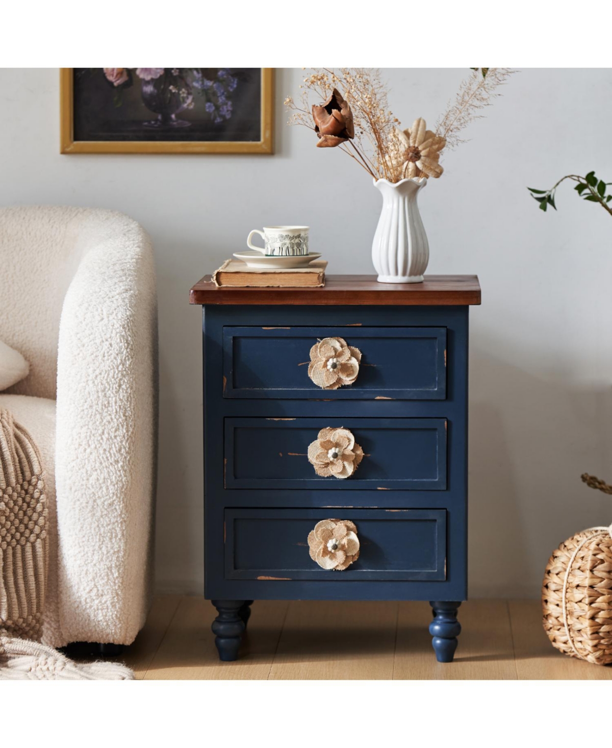 Streamdale Furniture Vintage Farmhouse End Table - 19" Rustic Nightstand, 3 Drawers