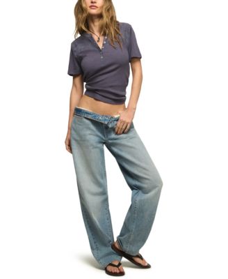 Women's Short-Sleeve Cutwork Henley Top