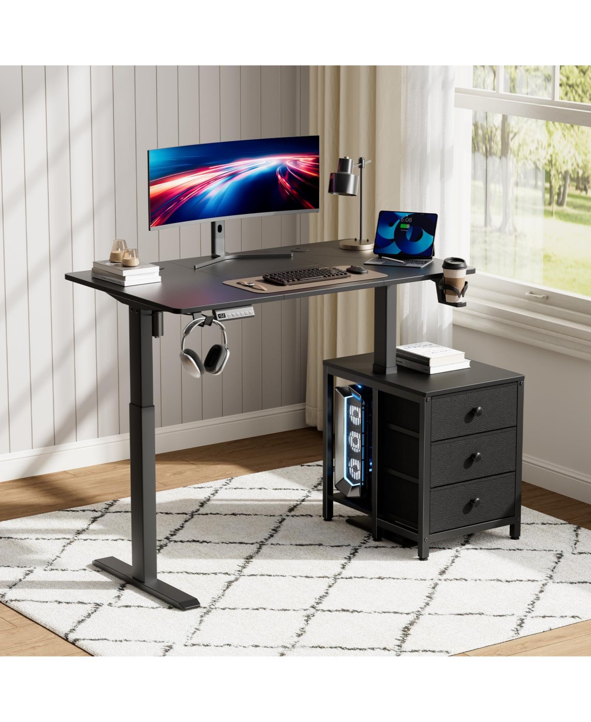Homlux 47x24" Sit-Stand Desk Height Adjustable Computer with 2 Hooks, Storage Drawers, Printer Cabinet, Brown