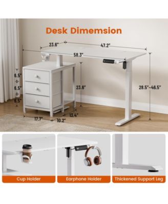 47x24" Sit-Stand Desk Height Adjustable Computer Desk with 2 Hooks, Storage Drawers, Printer Cabinet, Brown