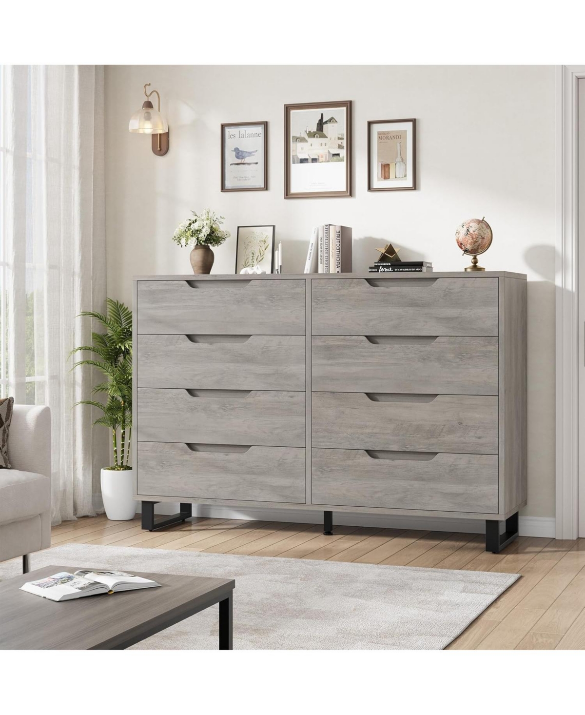 gaomon Farmhouse Tv Stand with 8 Drawers, 55" Wide Entertainment Center for TVs up to 75 Inch with Metal Legs