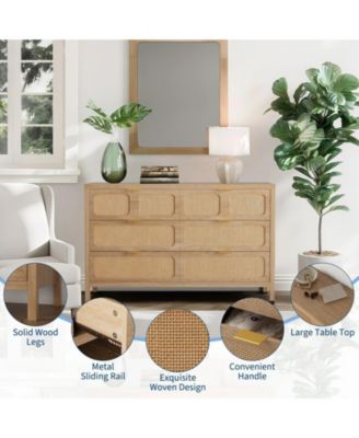 6-Drawer Dresser, Rattan Storage Chest with Metal Handles & Wood Legs for Bedroom, Beige