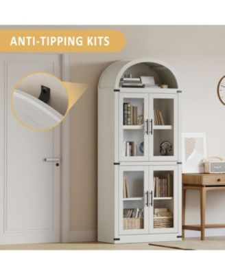 Arched Farmhouse Bookcase with Doors, 71.4" Tall Rounded Display Cabinet