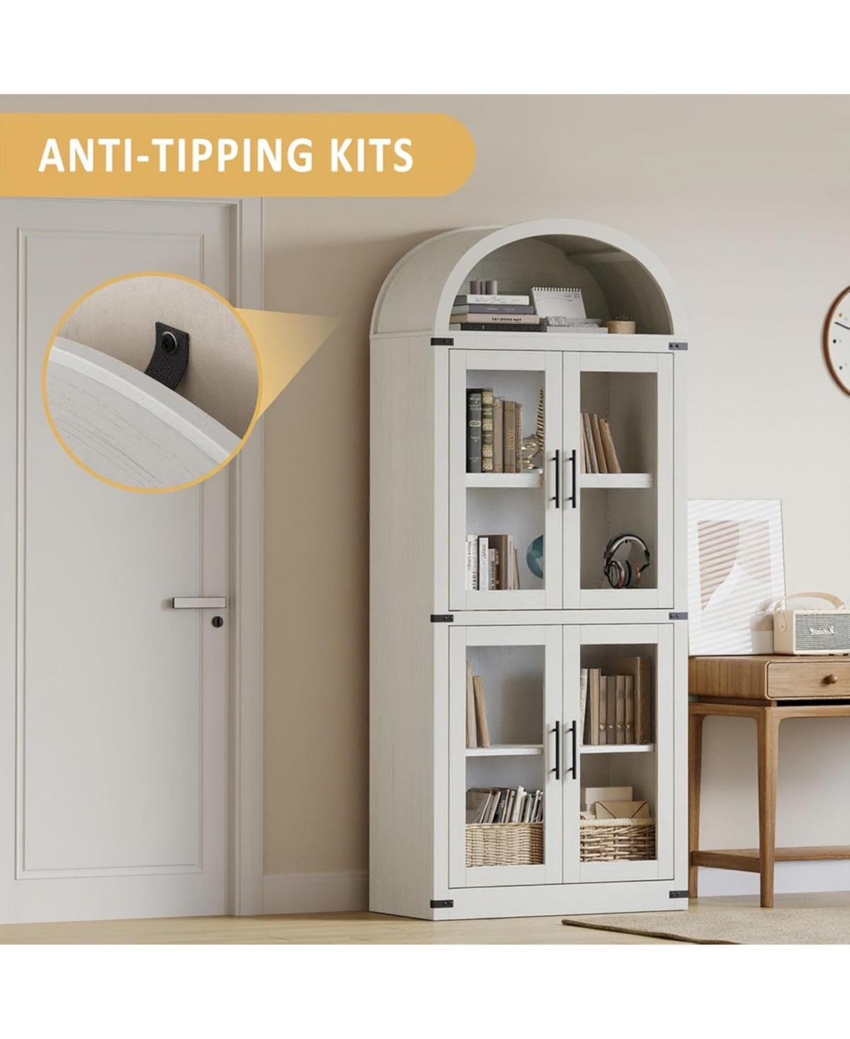 gaomon Arched Farmhouse Bookcase with Doors, 71.4" Tall Rounded Display Cabinet