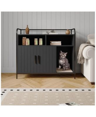 Cat Litter Box Enclosure Furniture, Hidden Litter Box Cabinet with 2 Open Compartments