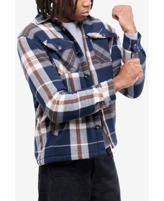 Men's Cotton Plaid Flannel Button-Up Shirt Jacket With Faux Shearling Lining