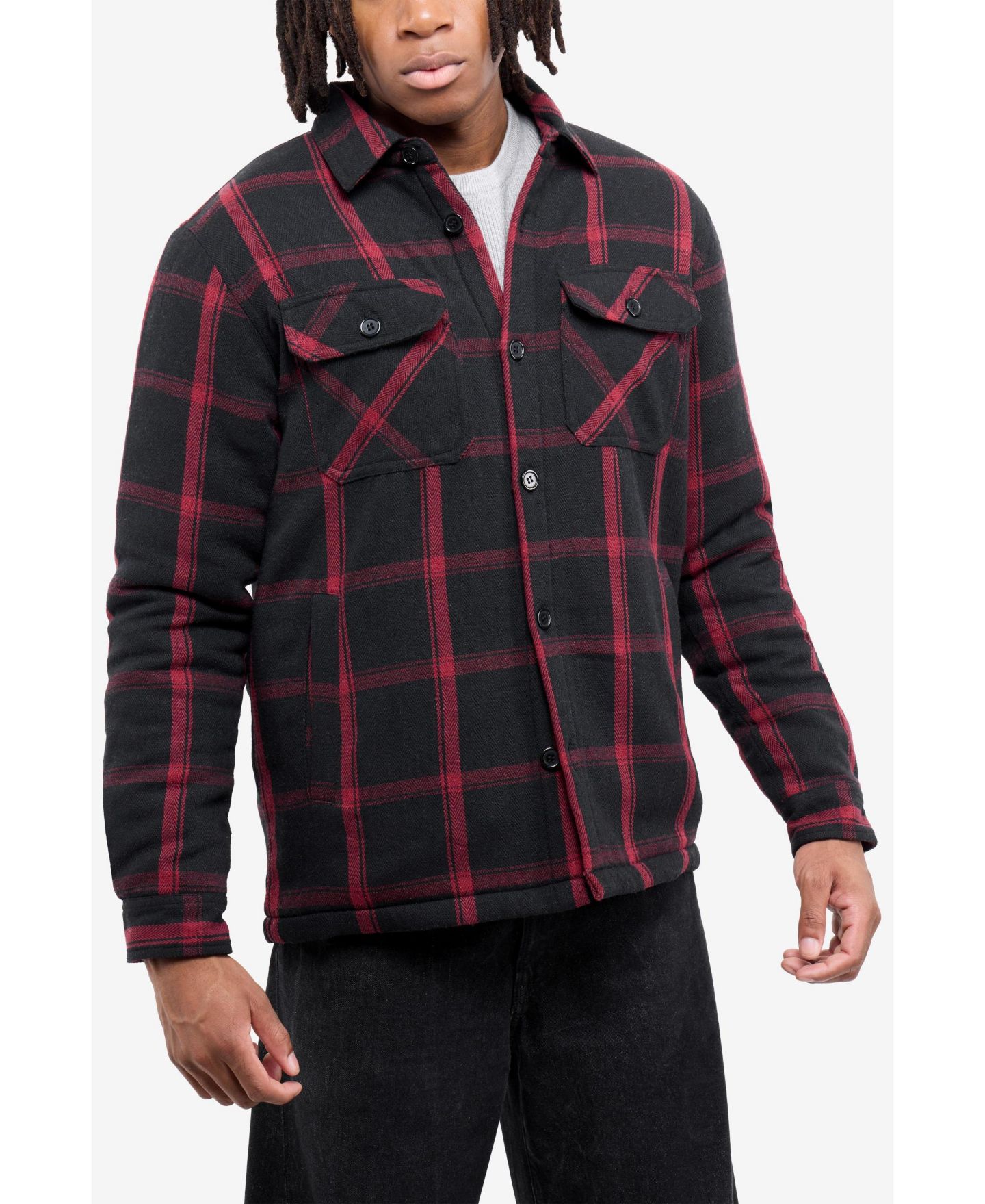 Мужская куртка XRAY Cotton Plaid Flannel Button-Up Shirt Jacket With Faux Shearling Lining, цвет: Чёрный / Бордовый — фото 6