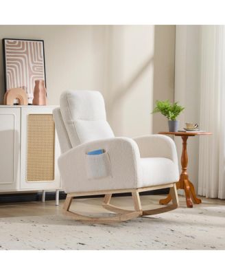 Modern Accent Rocking Chair with Solid Wood Legs and Side Pocket (White, teddy