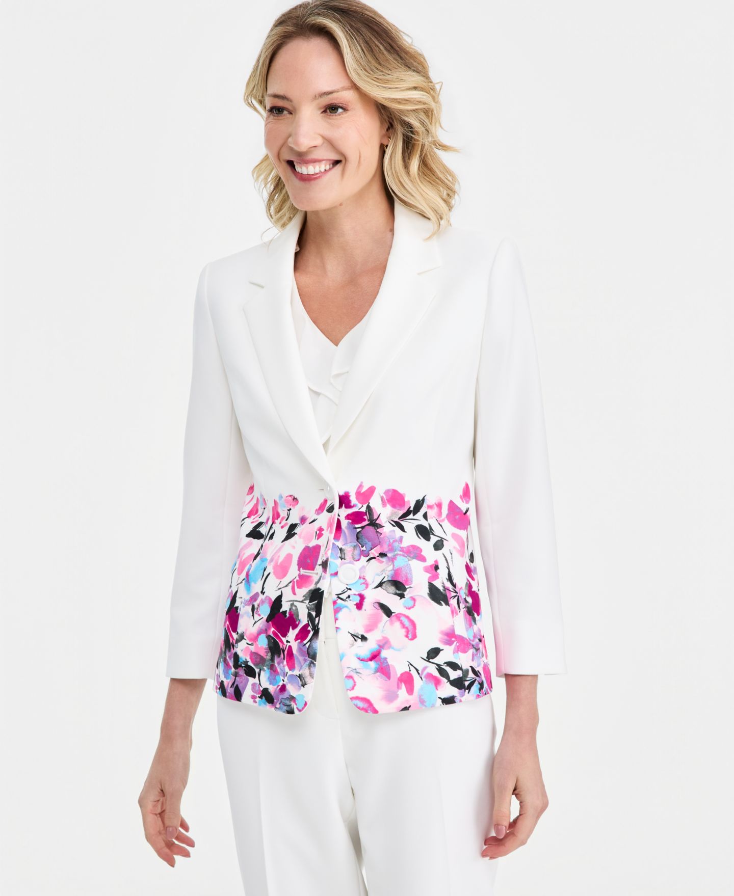 Женский пиджак Kasper Petite Floral-Print Double-Button Blazer, цвет: Белый разноцветный — фото 1