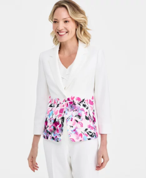 Women's Floral-Print Double-Button Blazer, Regular & Petite - Lily White Multi
