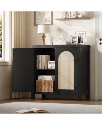 Rattan Sideboard Buffet Cabinet, Farmhouse Boho Coffee Bar Storage Console for Dining Room or Hallway, Black