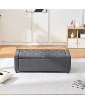 Storage Bench for End of Bed, Faux Linen Upholstered Ottoman with Arms