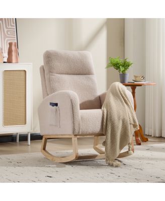 Modern Accent Rocking Chair with Solid Wood Legs & Side Pocket