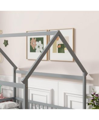 Full Size House Floor Wooden Bed with Roof Frame, Safety Guardrails